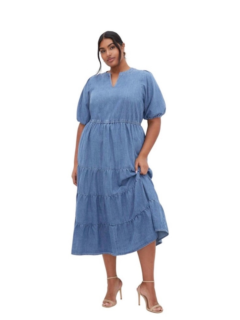 City Chic Light Blue Chambray Tiered Midi Dress